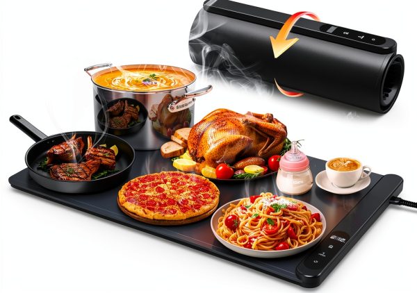Food Warming Mat, Electric Warming Tray with 6 Level Temperature Settings,6 Hours Timer, Graphene Rapid Heating, Auto Shut-Off, Roll Up Food Warmer for Buffets Party, Countertop,Gatherings-0
